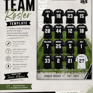 May include: An editable football team roster template featuring a grid of sixteen jersey illustrations for the Cobras team. The design includes player names, numbers, a team logo, and text such as Soccer Team Roster, Fall 2026 Roster, and Cobras Soccer Est. 2024.