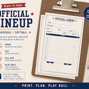 Puede incluir: Una plantilla imprimible de alineación de béisbol y sóftbol en un portapapeles con un lápiz y una pelota. El formulario incluye campos para equipo, oponente, fecha, hora, campo y número de juego, con una lista numerada para jugadores y notas.