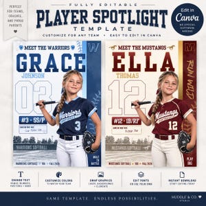 Könnte beinhalten: Eine digitale Vorlage für ein Sportler-Spotlight mit zwei Softball-Spielerinnen als Beispiel. Die linke Seite zeigt ein blau-weißes Design für Grace Johnson, während die rechte Seite ein kastanienbraun-weißes Design für Ella Thomas zeigt. Beide enthalten Textfelder für Namen, Nummern, Positionen und Teamdetails.