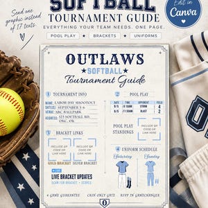 May include: An editable softball tournament guide template featuring sections for tournament info, pool play, bracket links, and uniform schedules. The document includes text fields for dates, times, and locations, with placeholders for QR codes and links.