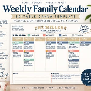 May include: A weekly family calendar template featuring a grid layout with columns for family members Nolan, Grace, Jack, and Family. The header reads The Millers Weekly Schedule. Includes sections for notes and reminders with a color-coded design.
