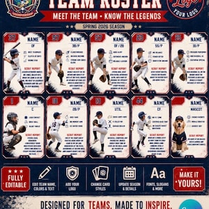 Peut inclure: Un modèle de liste d'équipe entièrement modifiable pour les Little League World Series 2024, saison printemps 2026. Le design présente dix cartes de joueurs avec photos, postes et rapports de dépistage, plus une carte mascotte sur fond bleu.