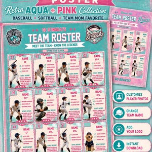 May include: An editable team roster poster template in a retro aqua and pink color scheme. The design features a grid layout for baseball or softball player photos, stats, and scout reports, with text including "Editable Team Roster Poster" and "8.5x11" Printable."