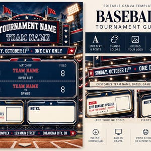 Peut inclure: Un modèle numérique de guide de tournoi de baseball avec un arrière-plan de stade et des projecteurs. Le design comprend des champs de texte modifiables pour les noms des tournois et des équipes, les horaires, les dates et les lieux, ainsi que des sections pour les mises à jour des tableaux.