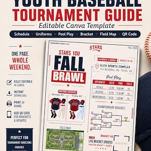May include: An editable Canva template for a Youth Baseball Tournament Guide titled Stars 10U Fall Brawl. The document includes a schedule, uniform details, a pool play table, a championship bracket, and a field map for the Fall 2026 event.