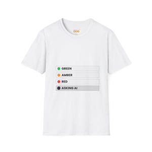 May include: A white short-sleeved t-shirt featuring a graphic with four horizontal bars. The bars contain the text GREEN, AMBER, RED, and ASKING AI, each preceded by a corresponding coloured circular icon in green, orange, red, and black.