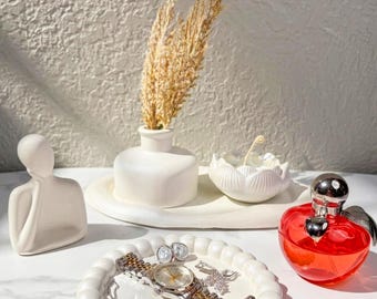 Pearly Plaster Decor Set | Iridescent Bubble Tray, Lotus Candle, Abstract Vase