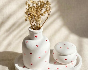 Hand-Painted Plaster Decor Set | White Red Hearts Vanity Tray, Vase, Trinket Dish
