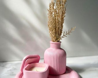 Handmade Pastel Pink Plaster Decor Set | Tray, Vase, Candle Holder