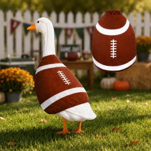 May include: A white goose wearing a brown fabric cover designed to look like an American football, featuring white horizontal stripes and white laces. A separate, detached brown football-shaped cover is also shown in the upper right corner.