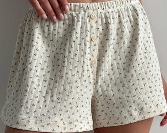 Women’s Floral Pointelle Cotton Pajama Shorts: Breathable Ribbed Summer Sleep Shorts
