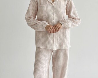 Women’s Double-Gauze Muslin Gingham Pajama Set: Breathable Long-Sleeve Lounge Shirt & Trousers Outfit