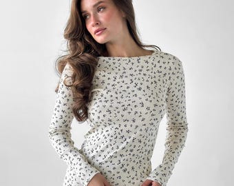 Women’s Pointelle Organic Cotton Long-Sleeve Loungewear Shirt: Breathable Botanical Ribbed Sleep Top