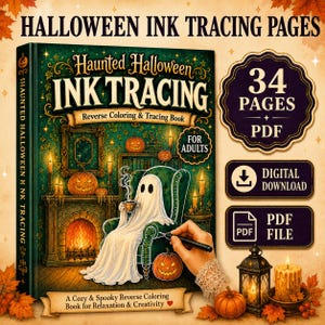 Könnte beinhalten: Ein digitales Halloween-Tinten-Nachzeichenbuch für Erwachsene mit einem Geist, der in einem grünen Sessel vor einem Kamin sitzt. Das Cover zeigt den Text Haunted Halloween Ink Tracing, 34 Pages PDF, Digital Download und PDF File. Das Buch enthält Seiten zum umgekehrten Ausmalen und Nachzeichnen für Entspannung und Kreativität.
