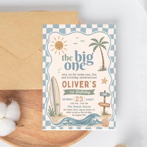 Retro Surf First Birthday Invitation | The Big One Beach Party Invite | Surfboard Birthday Invitation | Editable Canva Template