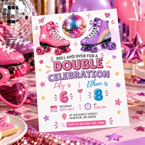 以下が含まれることがあります： ピンクのローラースケート、紫のローラースケート、ミラーボールのイラストが描かれた長方形の招待状。テキストは「Roll and over for a double celebration, Lily is 6, Ethan is 8, Saturday 18th July at 3:00 PM, at 418 Maple Street, Fairview, OH 44126, RSVP to Jen 555-318-7426」と記載されています。