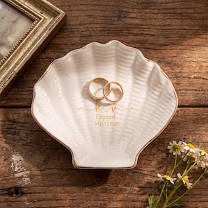 Personalized Engraved Ceramic Jewelry Dish, Custom Initials Ceramic Ring Tray,Shell Wedding Ring Holder,Trinket Dish For Engagement Keepsake