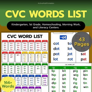 May include: A digital educational resource titled CVC WORDS LIST featuring 43 pages and 166+ words. The document displays columns of three-letter words categorized by vowel sounds, organized in colorful boxes with headers like -at, -an, -ap, -ag, -ad, -am, and -ab.