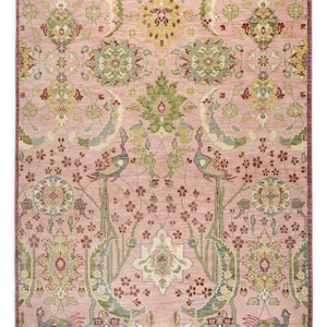 Blush Pink & Sage Green Peacock Garden Oushak Style Rug Hand Knotted Pink Botanical Traditional Floral Design Soft Wool Rug for Living Room