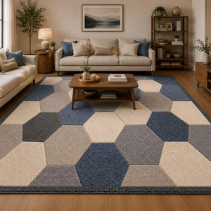 Tappeto moderno geometrico, tappeto patchwork blu grigio crema, tappeto contemporaneo per soggiorno