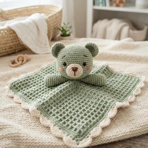 Virkmönster för Sage Green Bear Lovey, handledning för Amigurumi-säkerhetsfilt