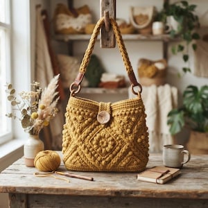 Puede incluir: Un bolso de ganchillo color amarillo mostaza con un patrón de diamantes texturizado con puntos de bodoque, un asa trenzada sujeta con anillas de madera y un botón central de madera con un grabado de hoja en la parte frontal.