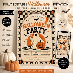 May include: A digital Halloween party invitation template featuring a ghost holding a martini glass next to a jack-o'-lantern on a checkered floor. The design includes the text "YOU'RE INVITED TO A HALLOWEEN PARTY" with date, time, location, and RSVP details.