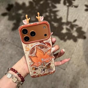 Cute 3D Deer Antlers Bambi iPhone Case 13‑17 Pro Max, Maple‑Leaf Pop‑Socket Holder, Fall Cartoon Animal Shock‑Proof Phone Cover
