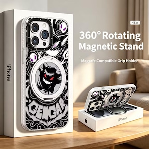 Gengar Compatible iPhone Case with 360Rotatable Kickstand, Pokémon Shockproof Anti‑Fingerprint Phone Cover  Anime Gift for Pokemon Fans