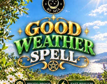 Könnte beinhalten: Ein Grafikdesign mit dem Text "SPELLS BY MIA" über den Wörtern "GOOD WEATHER SPELL" in goldener und grüner Schrift. Darunter befinden sich zwei rechteckige Schaltflächen mit dem Text "PHOTO PROOF" mit Kamerasymbol und "FAST RESULTS" mit einem Blitzsymbol.