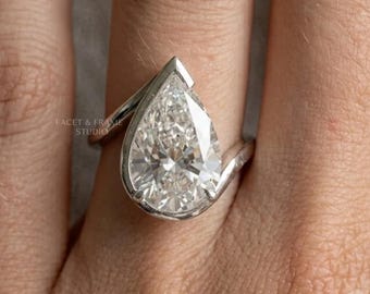 4CT Pear Cut Lab Diamond Solitaire Ring: 14k White Gold, Bypass Shank