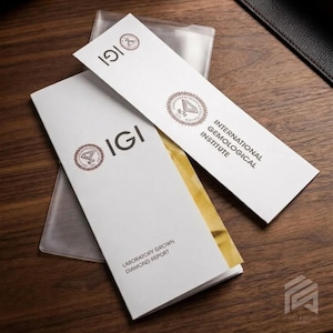 May include: Two white paper documents from the International Gemological Institute. One document displays the IGI logo and the text Laboratory Grown Diamond Report. The other document features the IGI logo and International Gemological Institute text.