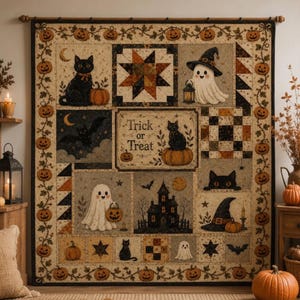 Halloween-Quiltmuster, gruselige Geisterkatzen-Kürbis-Patchworkdekoration, Herbst-Quiltmuster für Süßes oder Saures, Herbst-Wandbehang