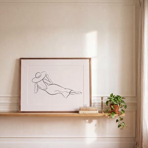 Woman with Sunhat Line Art Print Landscape, Horizontal Minimalist Wall Decor, Coastal Bedroom Decor