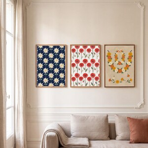 Set van 3 Folk bloemen prints, felle bloemen gallery wall set, madeliefjes klaprozen goudsbloemen