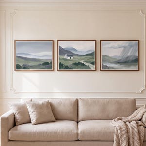 Conjunto de 3 gravuras highlands horizontais, galeria vale, charneca abrigo e chuva