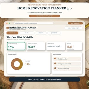 Op de afbeelding: Een digitale interface voor een woningrenovatieplanner 3.0 op een scherm, met een dashboard dat een 10% onvoorziene uitgavenmarge, de workflowstatus en een kostenrisicoanalyse toont, inclusief tabbladen voor biedlogboeken en beslissingen.