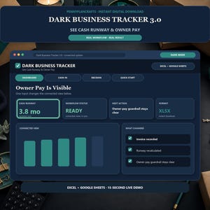 Może przedstawiać: Cyfrowy interfejs dla Dark Business Tracker 3.0, zawierający ciemny pulpit nawigacyjny z zakładkami Cash In, Decision i Quick Start. Ekran wyświetla wskaźniki, w tym Cash Runway na poziomie 3,8 miesiąca, Workflow Status oraz Owner Pay.