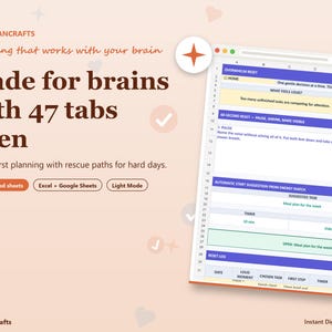 以下が含まれることがあります： デジタルスプレッドシートのインターフェース。Pennyplancrafts, planning that works with your brain, Made for brains with 47 tabs open, Energy-first planning with rescue paths for hard days, 18 connected sheets, Excel + Google Sheets, Light Modeというテキストが表示されています。