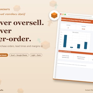 May include: A digital inventory and purchase order manager dashboard spreadsheet template. The interface displays sales data, bar charts, and action centers. Text includes 'PENNYPLANCRAFTS', 'Never oversell. Never over-order.', and '14 connected sheets'.