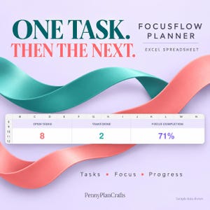 Könnte beinhalten: Eine digitale FocusFlow Planner Excel-Tabellen-Grafik mit türkisfarbenen und korallenroten Bändern auf hellviolettem Grund. Text: ONE TASK. THEN THE NEXT. FOCUSFLOW PLANNER EXCEL SPREADSHEET. Eine Tabelle zeigt 8 offene Aufgaben, 2 erledigte und 71%.