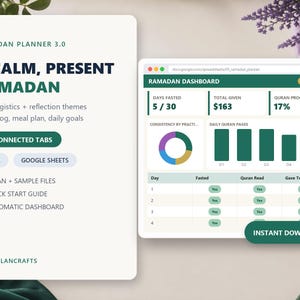 Planificador de Ramadán en formato de hoja de cálculo, logística de comidas y temas de reflexión, registro de oraciones, Corán y donaciones caritativas, compatible con Excel y Google Sheets.