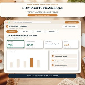 Könnte beinhalten: Eine digitale Benutzeroberfläche für eine Etsy Profit Tracker 3.0 Tabellenkalkulation, die ein Dashboard mit einer Nettomarge von 29 %, Workflow-Status und Preis-Leitplanken-Metriken anzeigt. Der Bildschirm zeigt Reiter für Kostenprotokolle und Schnellstart.