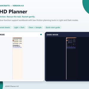 Dark Mode ADHD Planner Spreadsheet, Energy and Task Rescue Tools
