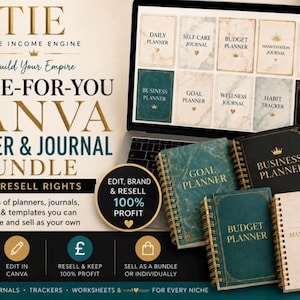 May include: A digital bundle of Canva planners and journals featuring text that reads TIE THE INCOME ENGINE DONE-FOR-YOU CANVA PLANNER & JOURNAL BUNDLE WITH RESELL RIGHTS. Includes various spiral-bound notebooks with marble and solid color covers.
