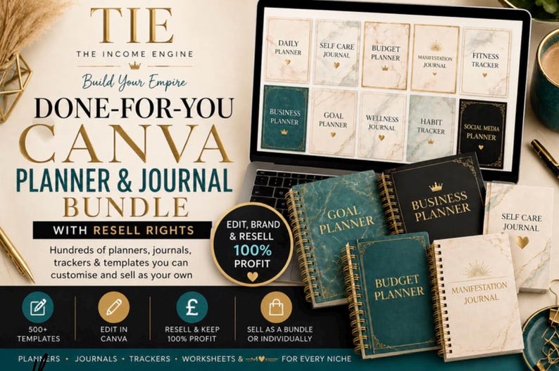 May include: A digital bundle of Canva planners and journals featuring text that reads TIE THE INCOME ENGINE DONE-FOR-YOU CANVA PLANNER & JOURNAL BUNDLE WITH RESELL RIGHTS. Includes various spiral-bound notebooks with marble and solid color covers.