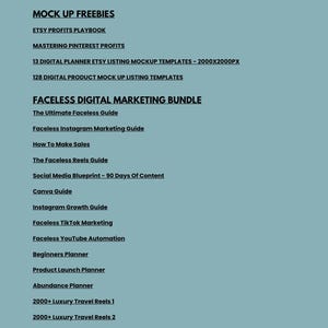 May include: A digital document titled CANVA TEMPLATES - PART 7 with a light blue background. It lists various downloadable resources including Mock Up Freebies, Etsy Profits Playbook, and a Faceless Digital Marketing Bundle with multiple guides.