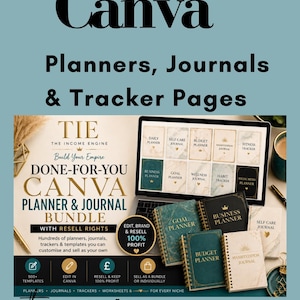 May include: A digital product bundle featuring Canva planners, journals, and tracker pages. The display shows a laptop screen with various planner covers, physical spiral-bound notebooks, and text including Done for you Canva Planners, Journals & Tracker Pages, and MRR/PLR.