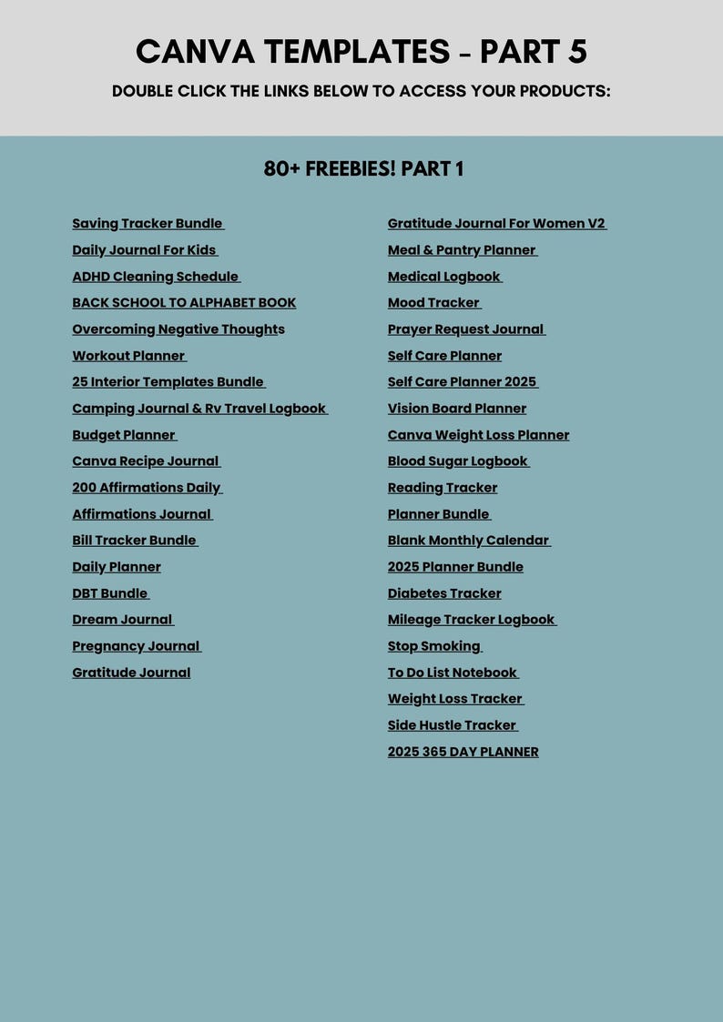 May include: A digital document titled CANVA TEMPLATES - PART 5 with a list of 80+ freebies including a Saving Tracker Bundle, Daily Journal For Kids, ADHD Cleaning Schedule, Meal & Pantry Planner, Medical Logbook, Mood Tracker, and 2025 Planner Bundle.