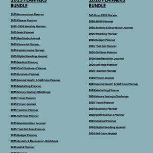 May include: A digital document titled CANVA TEMPLATES - PART 3 with two columns of underlined text links. The left column lists 2025 planners including Homeschool, Fitness, Meal, Financial, and Wedding. The right column lists 2026 planners including ADHD, Budget, and Teacher.